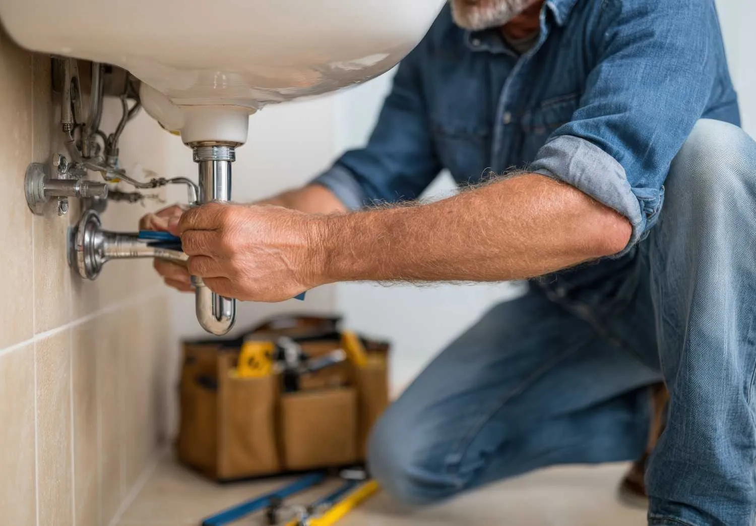 Plumber tightening the drain pipe under a bathroom sink